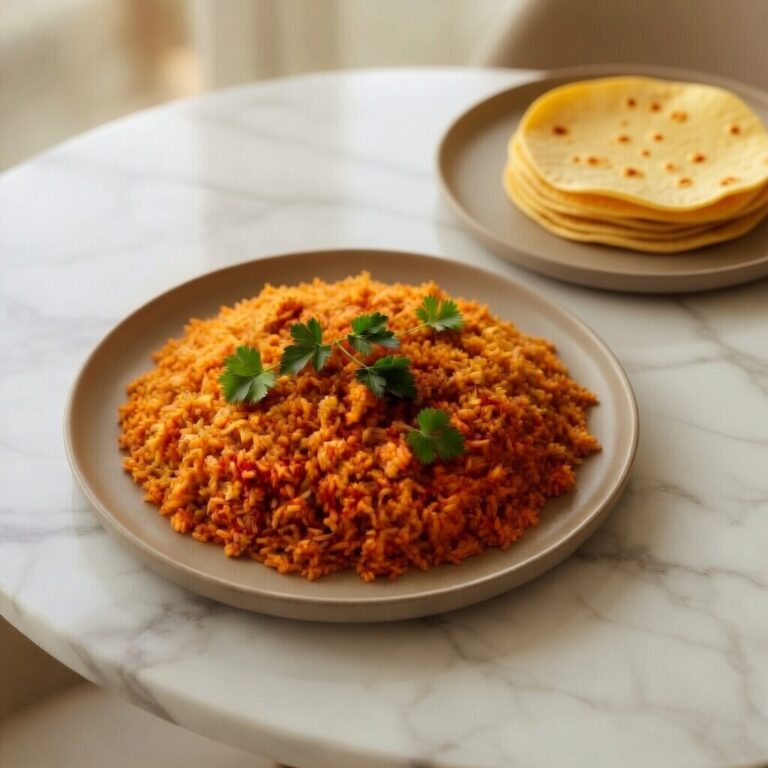 Mexican Red Rice (Arroz Rojo) with cilantro garnish and warm corn tortillas on matte stone plates, styled on white marble