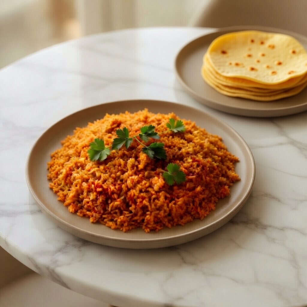 Mexican Red Rice (Arroz Rojo) with cilantro garnish and warm corn tortillas on matte stone plates, styled on white marble