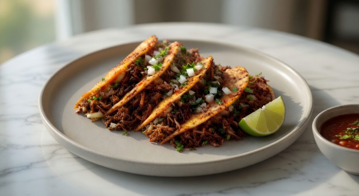 Close-up of authentic birria-style shredded beef tacos on a modern stoneware plate with fresh cilantro, onions, lime wedge, and spicy red salsa on a white marble table