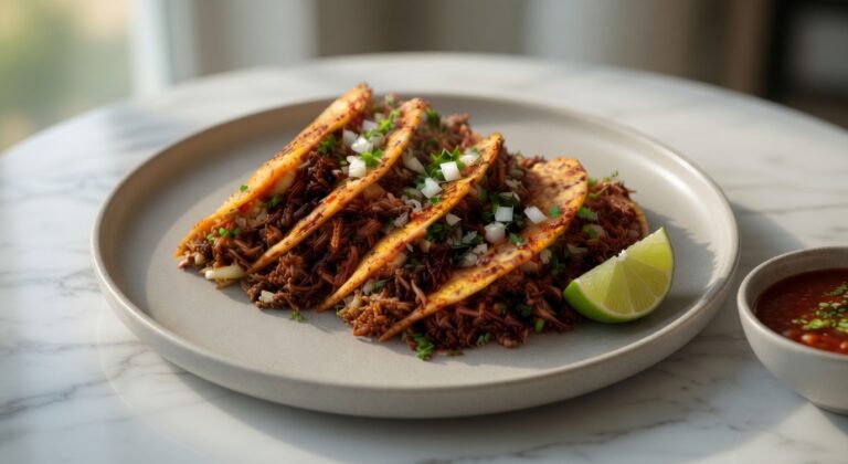 Close-up of authentic birria-style shredded beef tacos on a modern stoneware plate with fresh cilantro, onions, lime wedge, and spicy red salsa on a white marble table