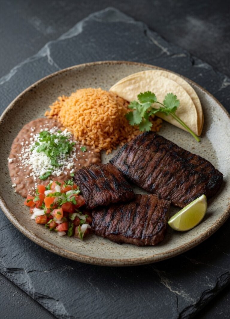 Carne Asada plate with beans, rice and a tortilla