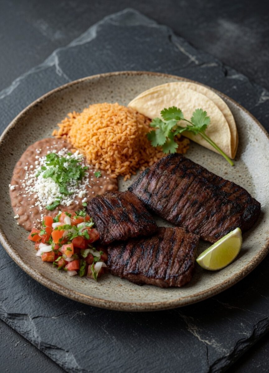 Carne Asada plate with beans, rice and a tortilla
