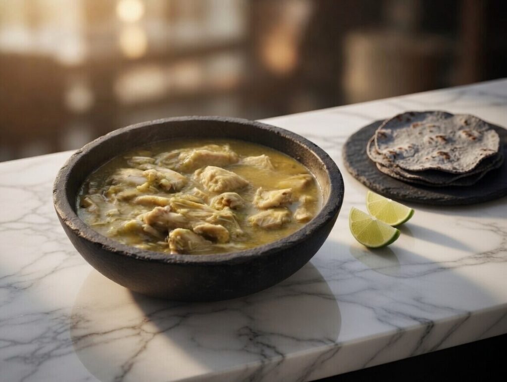 Chicken chile verde in a rustic bowl with tender shredded chicken in tangy green salsa, served with warm tortillas and fresh lime wedges on a marble countertop