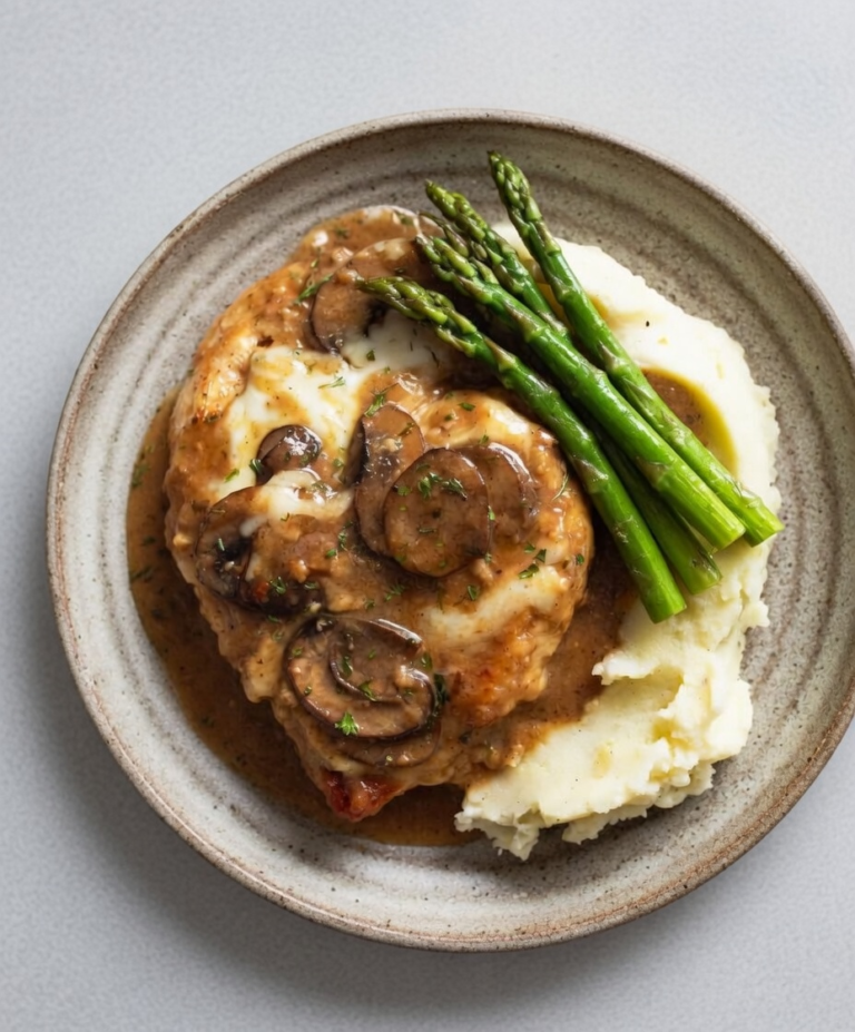 Chicken Madeira in a rich wine sauce with mushrooms and melted mozzarella, asparagus and mashed potatoes