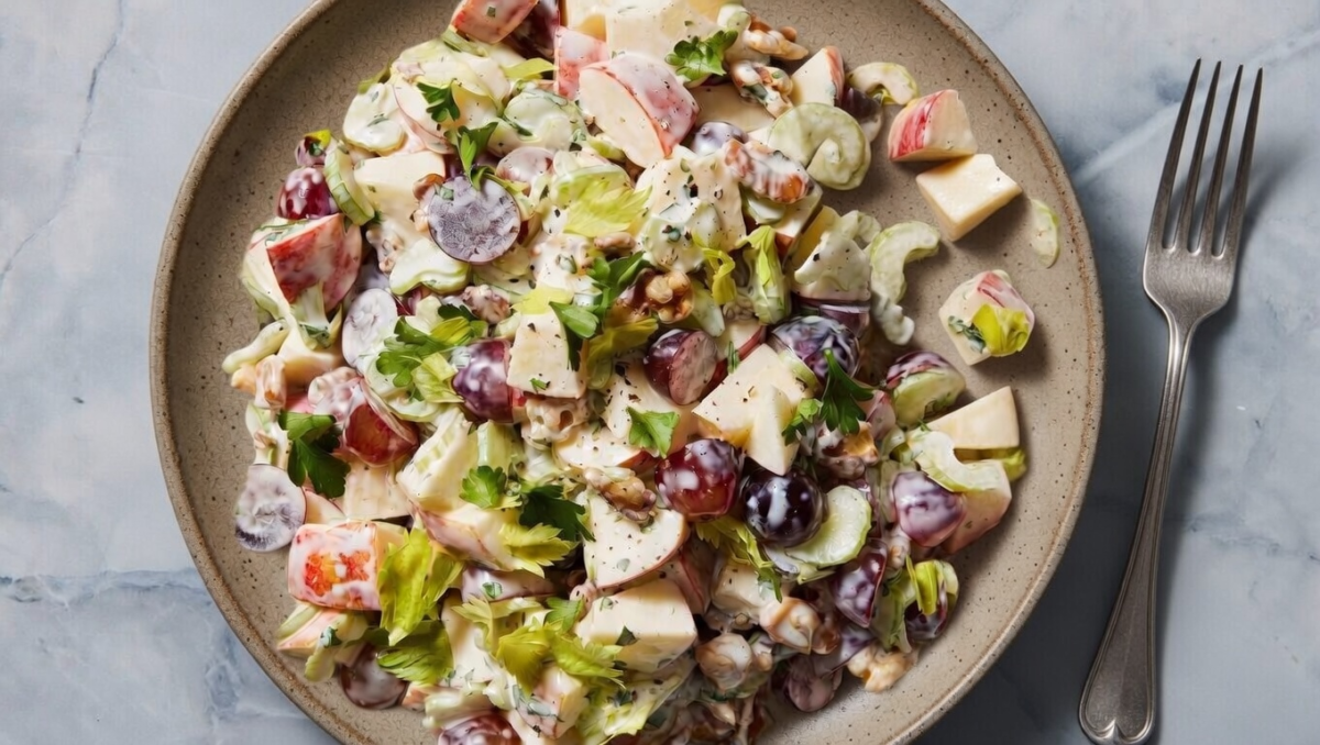 Classic Waldorf salad with crisp apples, grapes, walnuts, and celery in creamy dressing.