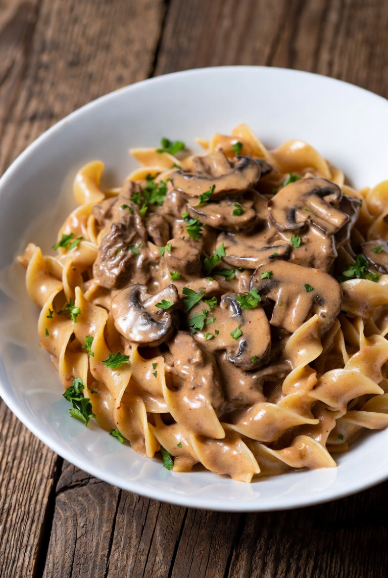 Creamy beef stroganoff with mushrooms over egg noodles