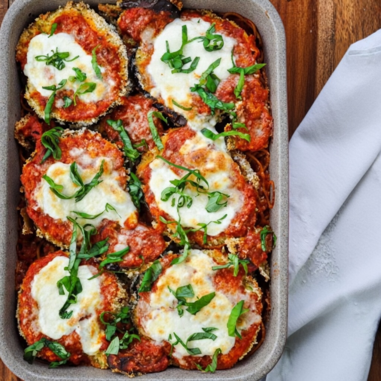 Crispy eggplant parmesan with marinara sauce and bubbling melted mozzarella