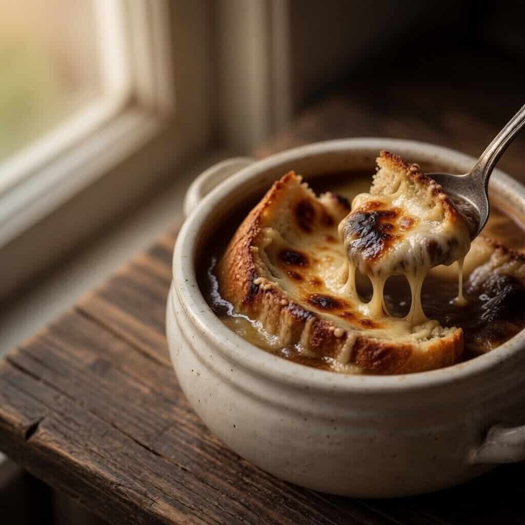french onion soup recipe with caramelized onions, toasted baguette, and melted gruyere cheese
