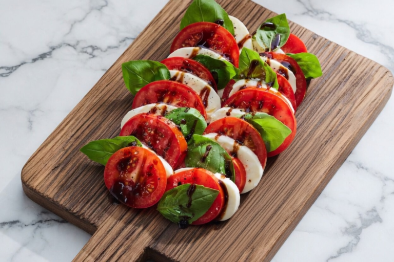 Fresh Caprese salad with mozzarella, tomatoes, basil, and balsamic glaze.