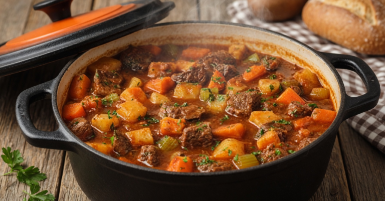 Hearty beef stew with tender beef, potatoes, and carrots in rich savory broth