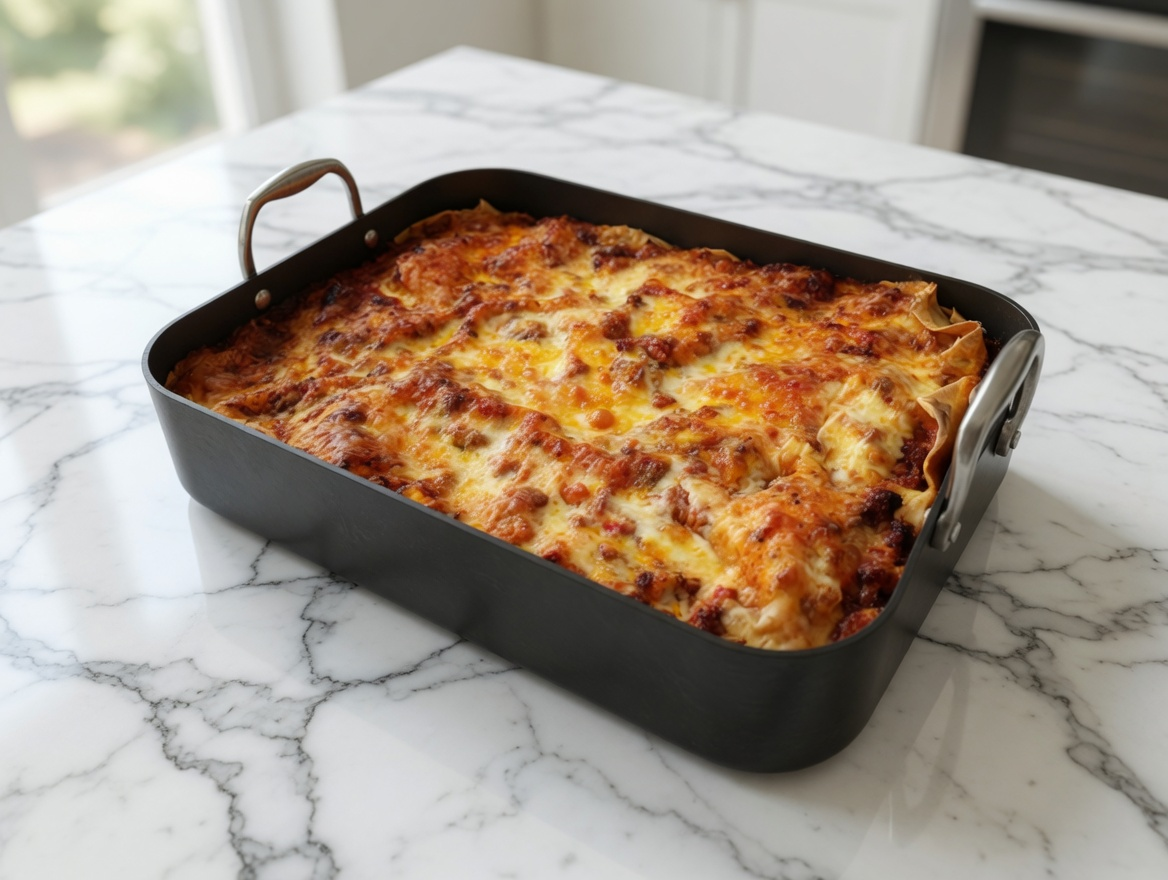 Homemade lasagna with layers of meat sauce, ricotta, and melted mozzarella
