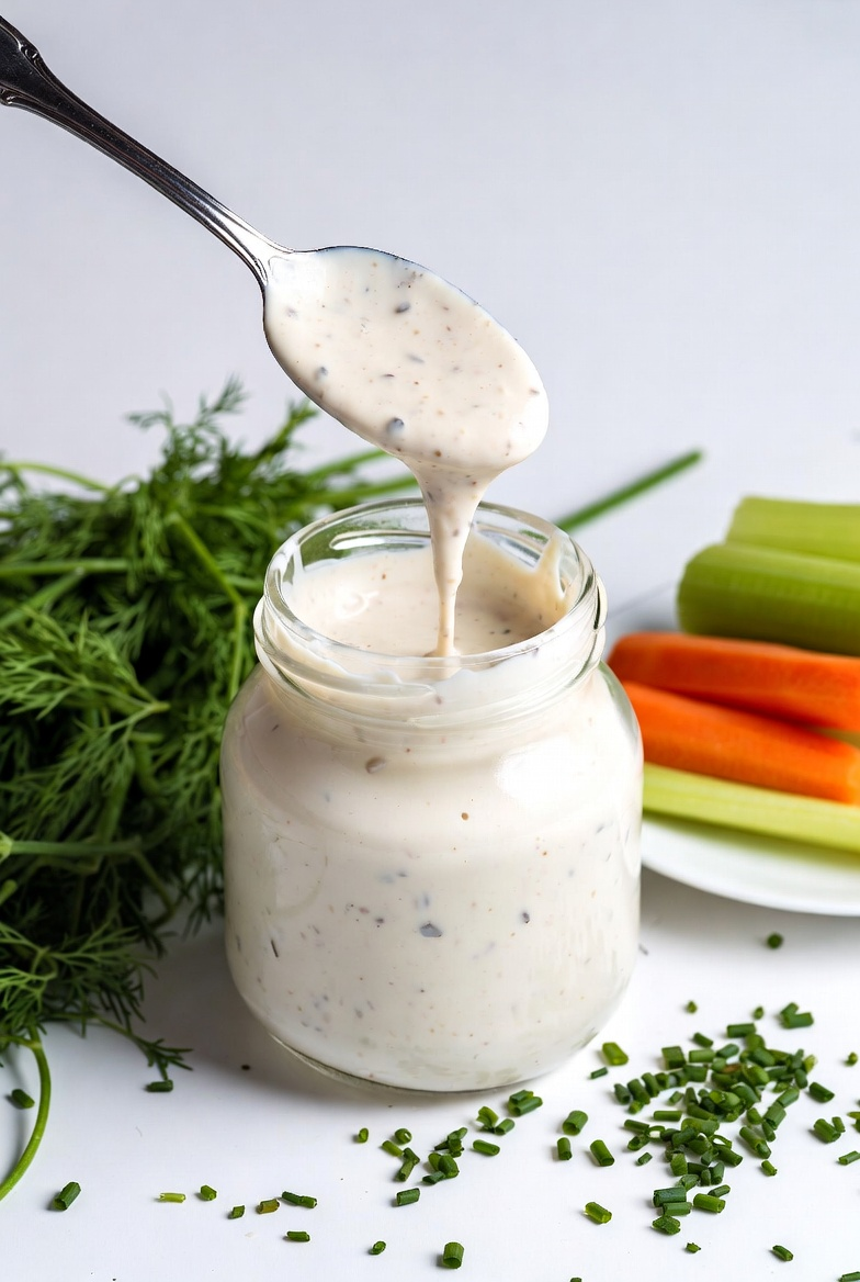 Homemade ranch dressing in a jar with fresh herbs and dipping vegetables