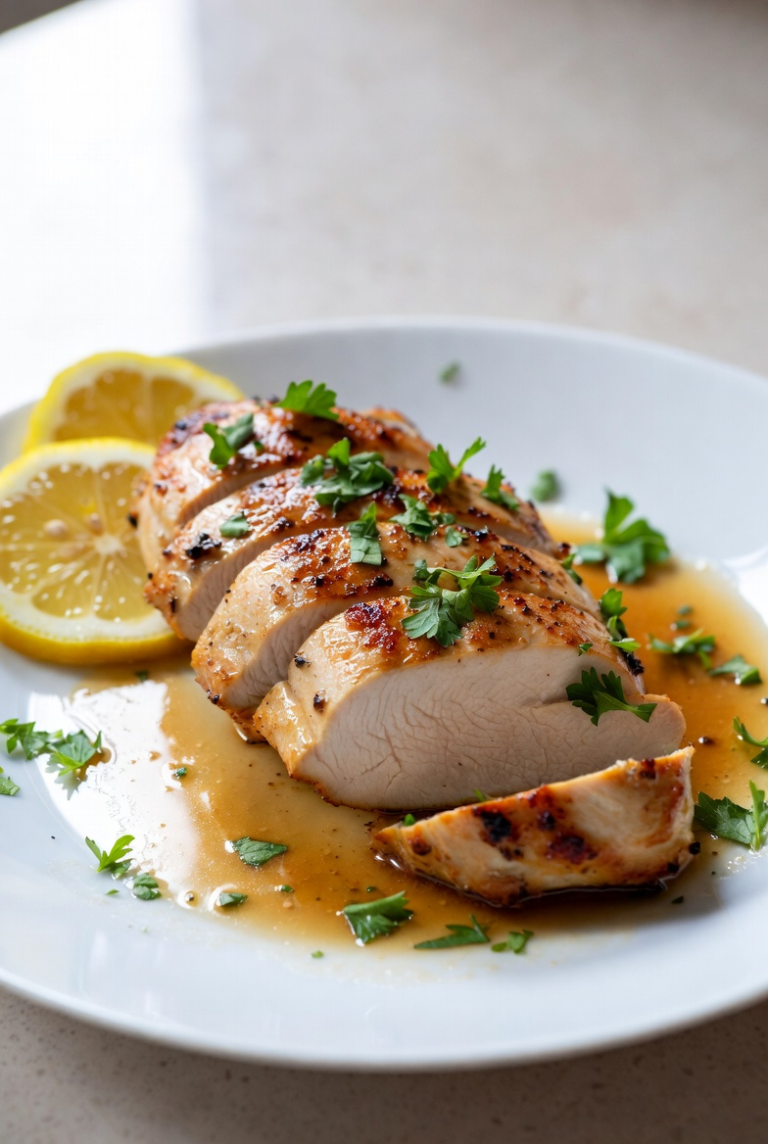 Juicy lemon garlic chicken breast with butter sauce and fresh parsley