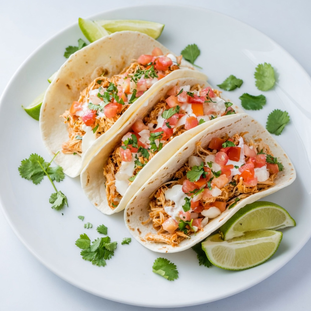 Lime chicken tacos with charred chicken, purple slaw, avocado, and lime crema