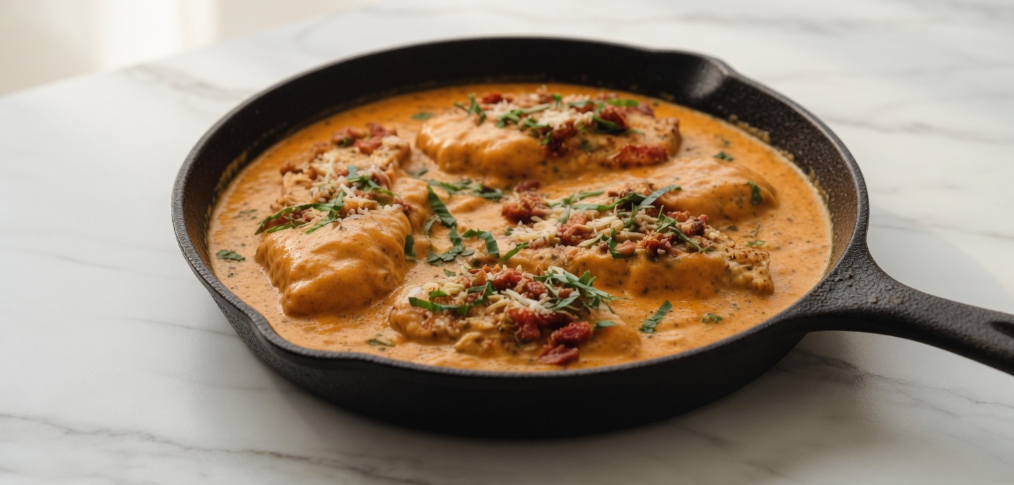 Creamy Tuscan Chicken (Marry Me Chicken) in a cast iron skillet with sun-dried tomatoes, basil, and parmesan on white marble