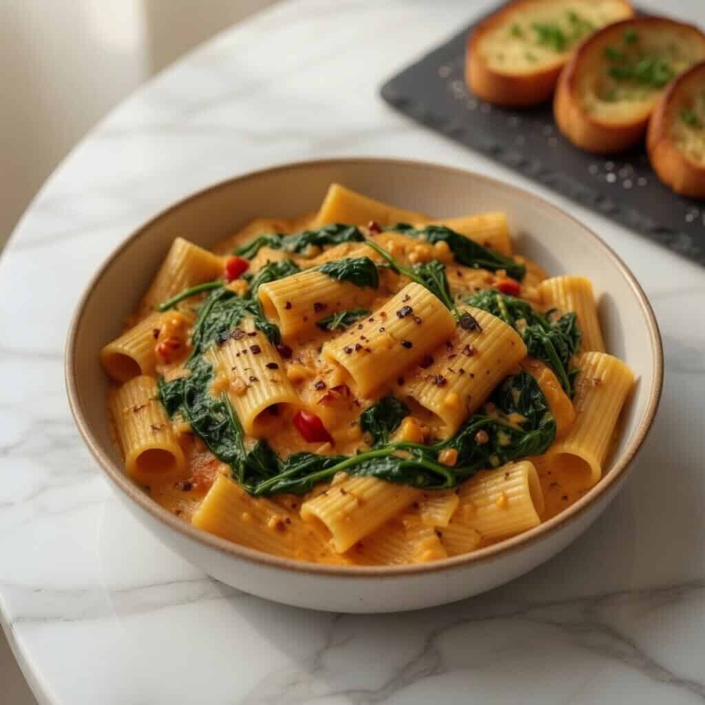 Marry Me Pasta (Creamy Rigatoni with Spinach) in a Stoneware Bowl with Garlic Bread