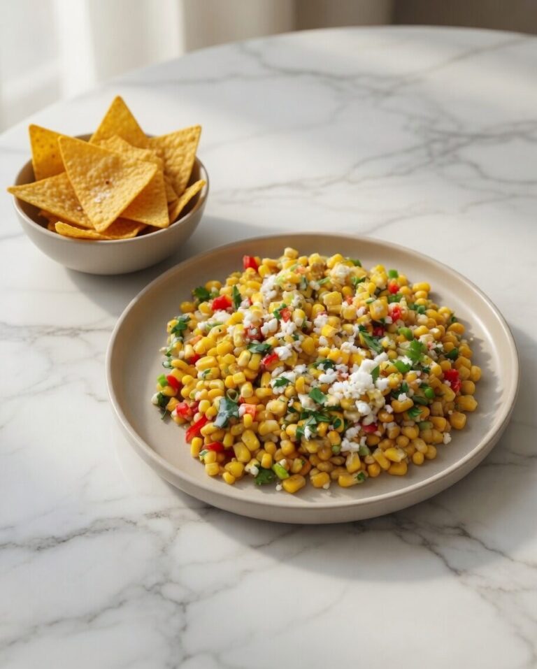 Mexican Street Corn Dip (Elote Dip) with cotija cheese, cilantro, and peppers served with tortilla chips on marble table