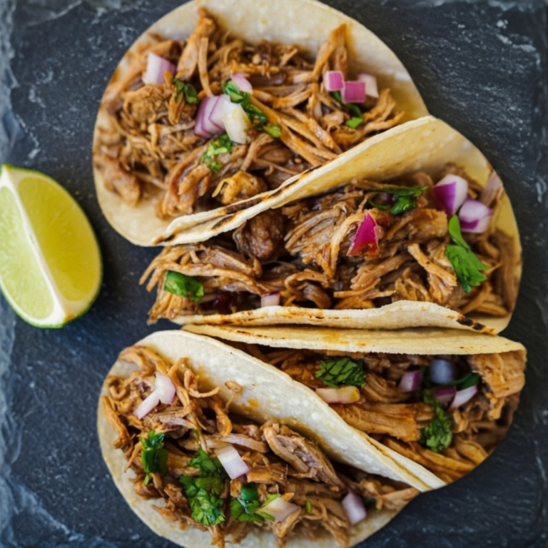 Crispy pork carnitas tacos with purple onion, cilantro, and lime on corn tortillas
