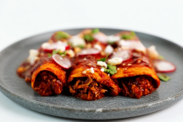 Shredded beef enchiladas smothered in red sauce with melted cheese, radish and sour cream