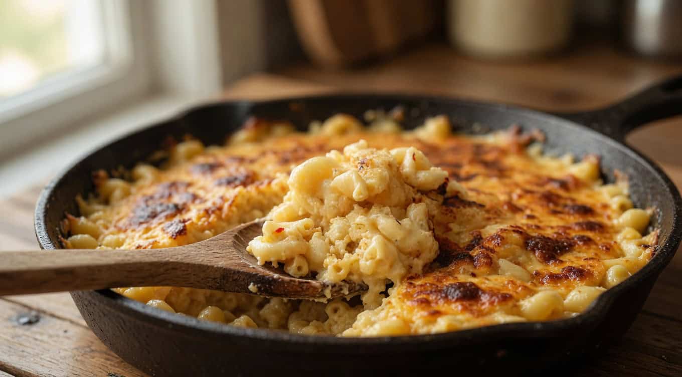 southern baked mac and cheese recipe with creamy elbow pasta and a golden browned cheese crust in a cast iron skillet