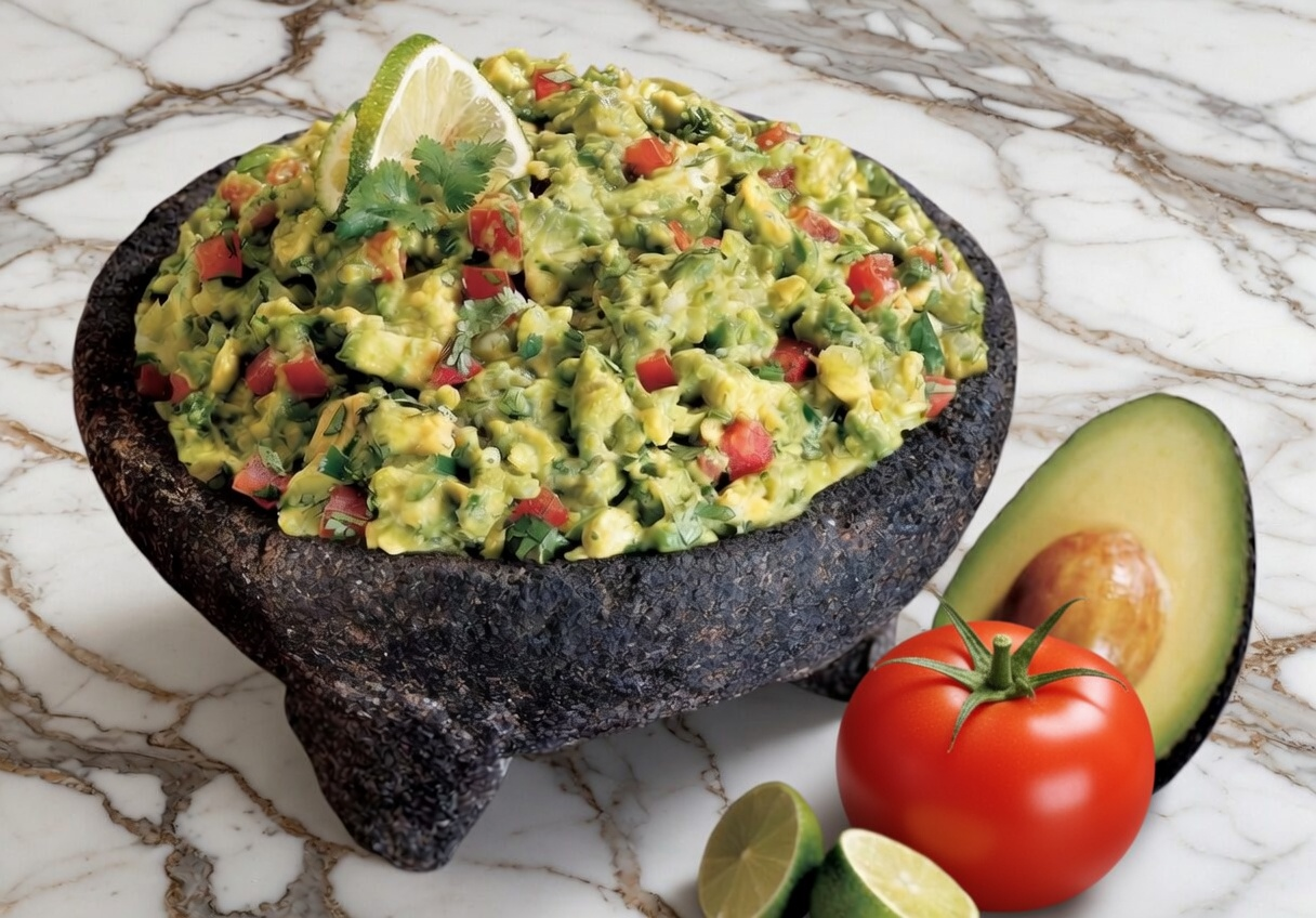 Fresh homemade guacamole in a molcajete with tomatoes, avocado and lime