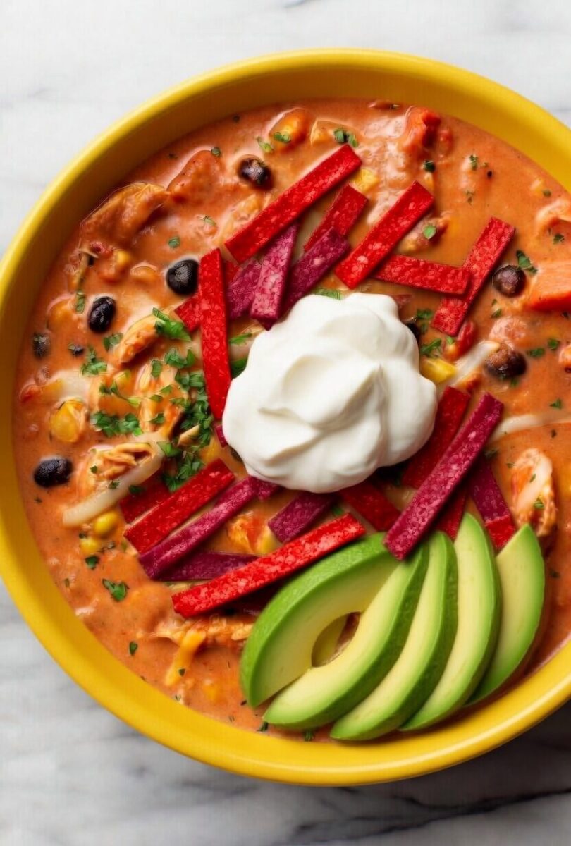 creamy chicken tortilla soup in a yellow bowl topped with tortilla strips, sour cream, and avocado